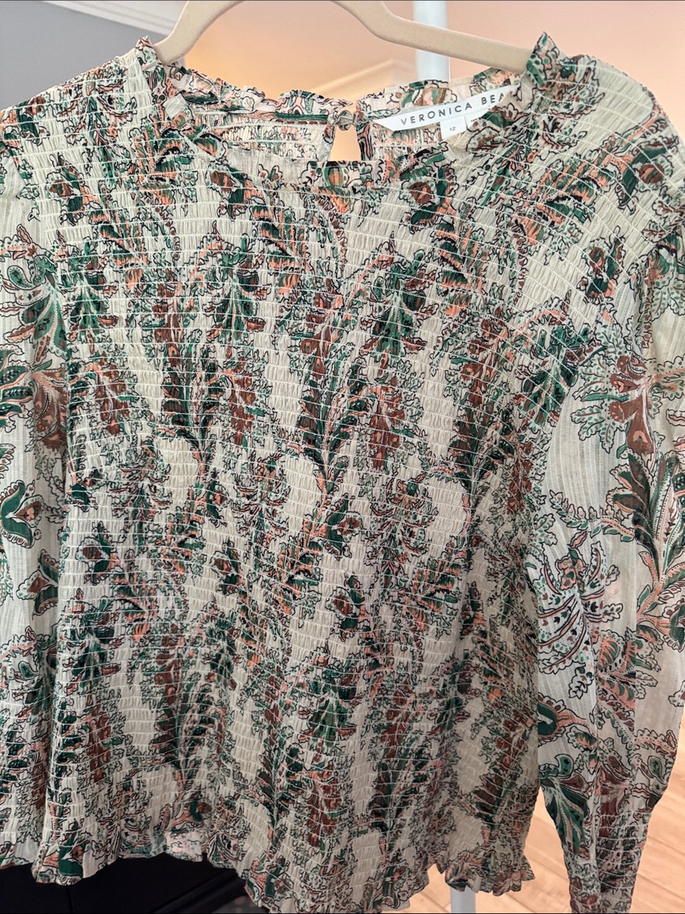 Veronica Beard Cream Blouse with Green & Brown Floral Print